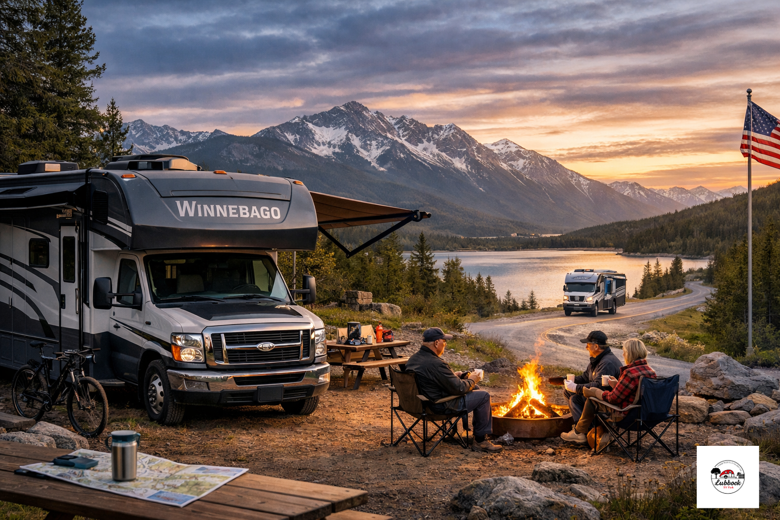 Winnebago RV parked at a full hookup campsite in a Lubbock RV park